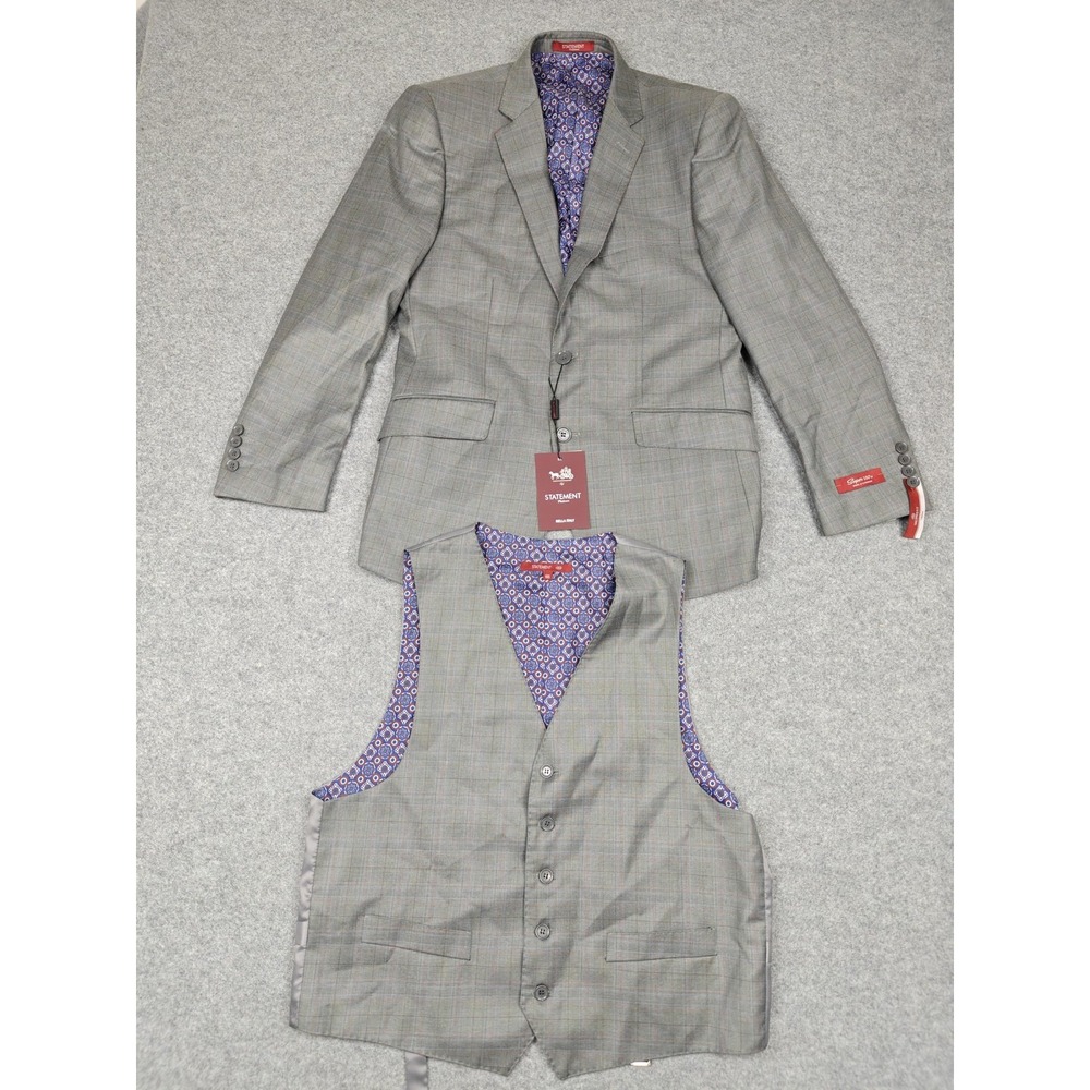 Statement Suit Jacket Vest Mens 40S Gray Plaid Wool Cashmere 2 Piece Slim Fit